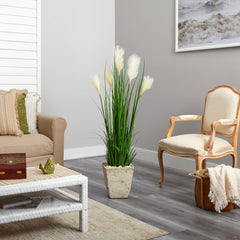 4.5’ Wheat Plum Grass Artificial Plant in Country White Planter - Ornate Home