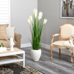 4.5’ Wheat Plum Grass Artificial Plant in White Planter - Ornate Home