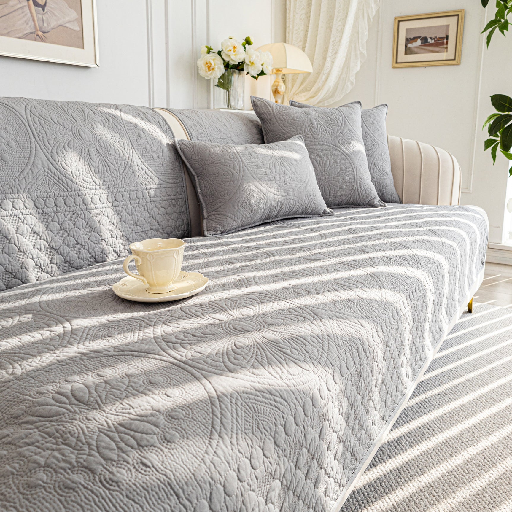 Cotton Quilted Sofa Cover, Non-Slip Couch Protector Fits Backrest, Seat & Armrest