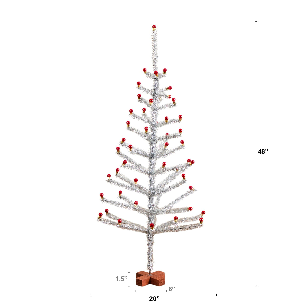 4' Artificial Retro Silver Tinsel  Christmas Tree with 50 Red Mini Ornament Balls and Wooden Base