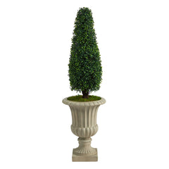 4’ Boxwood Tower Artificial Topiary Tree in Sand Finished Urn UV Resistant (Indoor/Outdoor) - Ornate Home