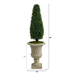 4’ Boxwood Tower Artificial Topiary Tree in Sand Finished Urn UV Resistant (Indoor/Outdoor) - Ornate Home