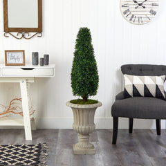 4’ Boxwood Tower Artificial Topiary Tree in Sand Finished Urn UV Resistant (Indoor/Outdoor) - Ornate Home