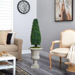 4’ Boxwood Tower Artificial Topiary Tree in Sand Finished Urn UV Resistant (Indoor/Outdoor) - Ornate Home