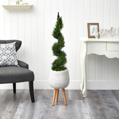 4’ Cypress Spiral Topiary Artificial Tree in White Planter with Stand - Ornate Home