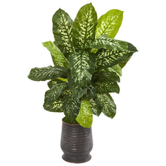 4’ Dieffenbachia Artificial Plant in Ribbed Metal Planter (Real Touch) - Ornate Home