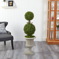 4’ Double Boxwood Topiary Artificial Tree in Sand Finished Urn - Ornate Home
