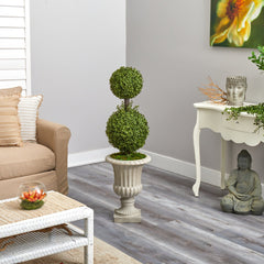 4’ Double Boxwood Topiary Artificial Tree in Sand Finished Urn - Ornate Home