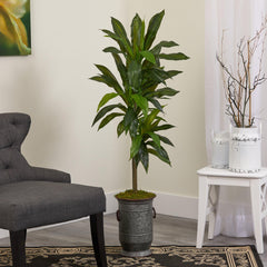 4’ Dracaena Artificial Plant in Vintage Metal Planter (Real Touch) - Ornate Home