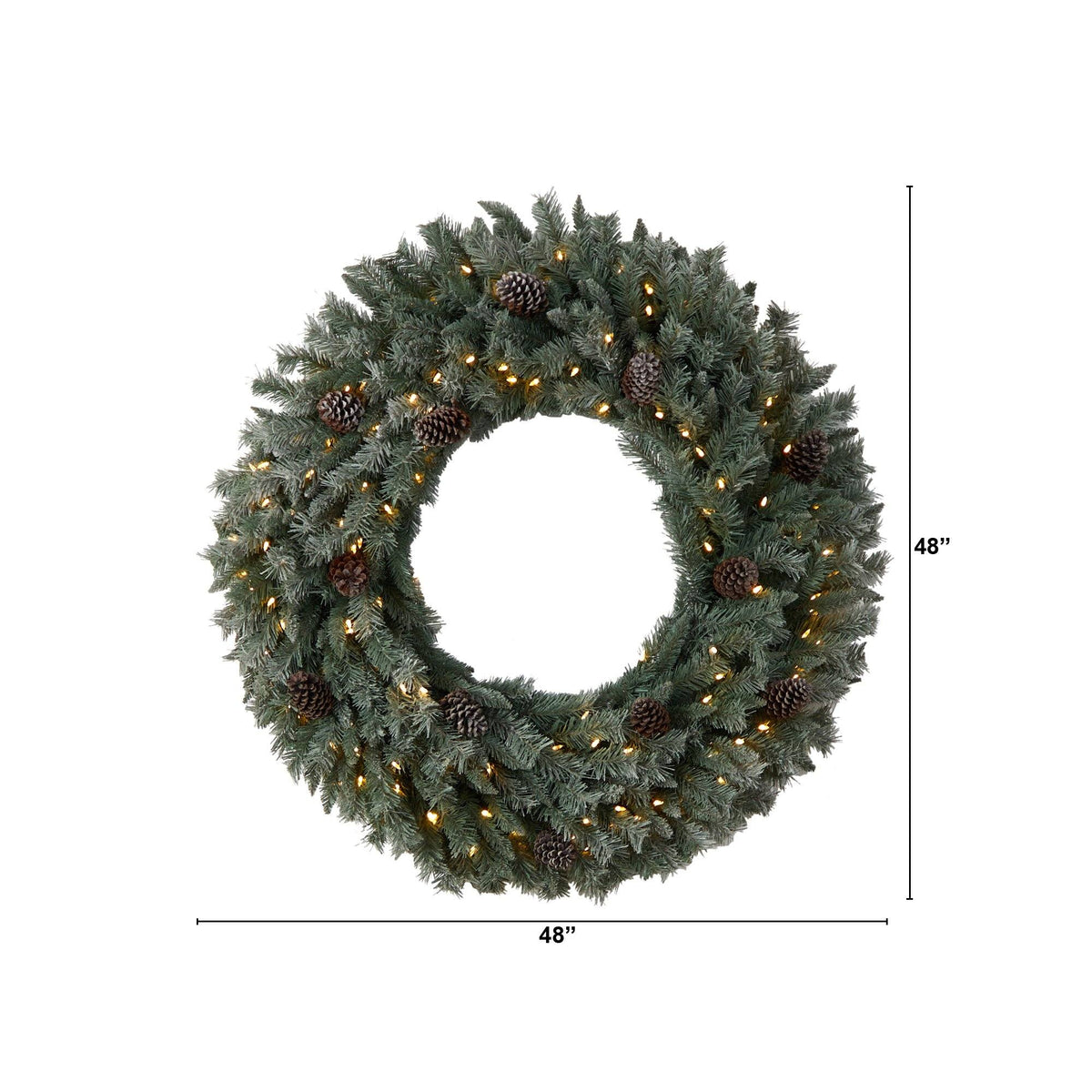 4’ Large Flocked Christmas Wreath with Pinecones, 150 Clear LED Lights and 360 Bendable Branches
