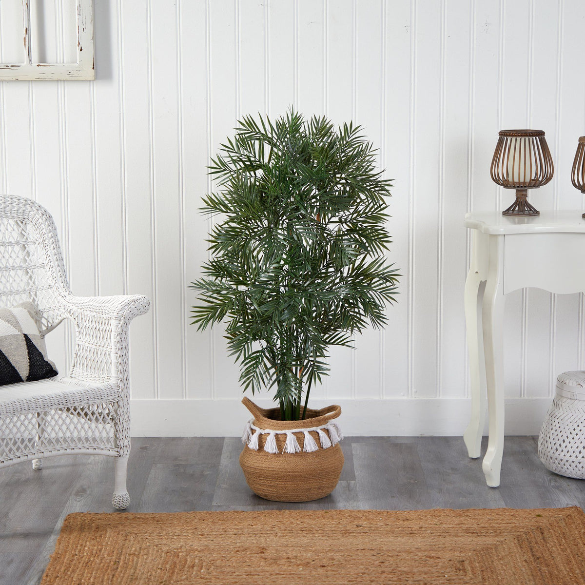 4' Parlor Palm Artificial Tree in Boho Chic Handmade Natural Cotton Woven Planter with Tassels