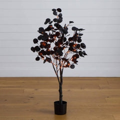 4' Pre-Lit Artificial Halloween Black Eucalyptus Tree with 160 Orange & Purple LED Lights - Ornate Home