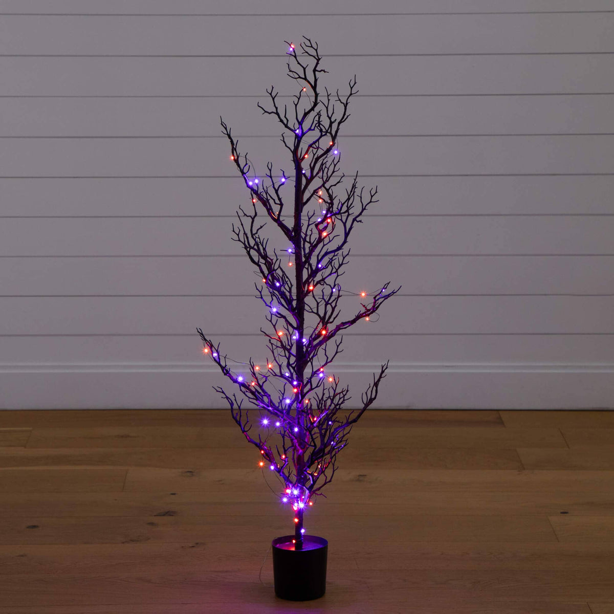 4' Pre-Lit Artificial Halloween Black Spooky Twig Tree with 160 Orange & Purple Copper Wire String LED Lights
