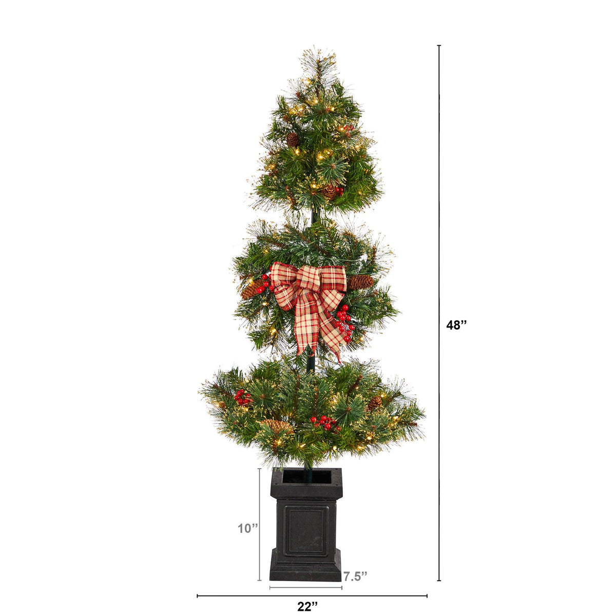 4’ Topiary Tree with Decorative Ribbon, Berries, 70 Clear LED Lights and 109 Branches in Planter