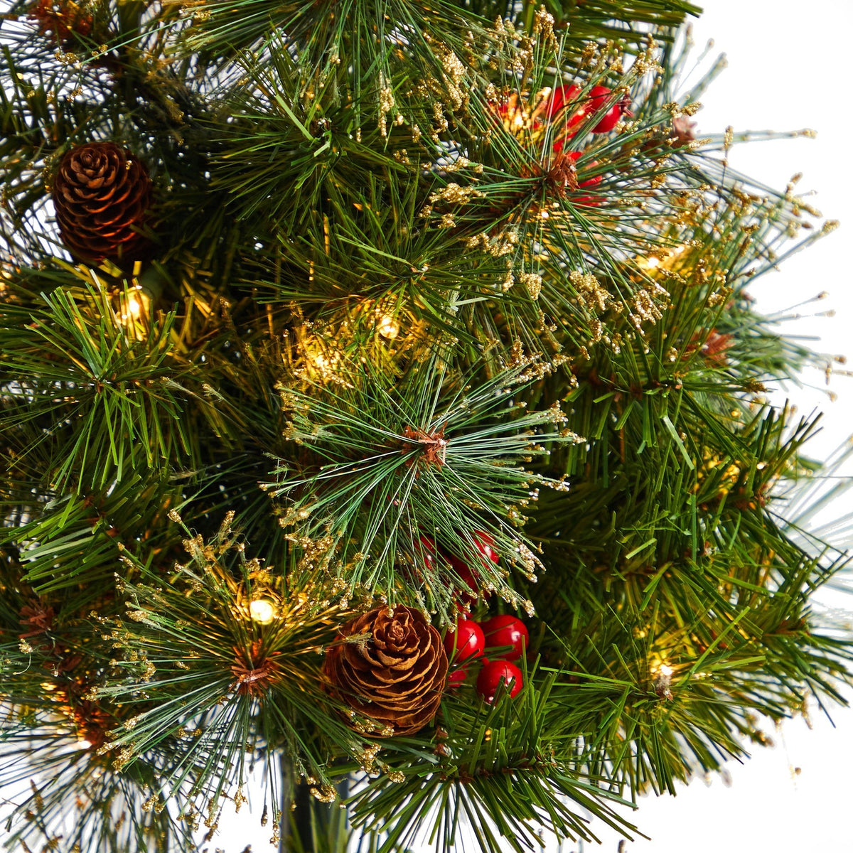 4’ Topiary Tree with Decorative Ribbon, Berries, 70 Clear LED Lights and 109 Branches in Planter