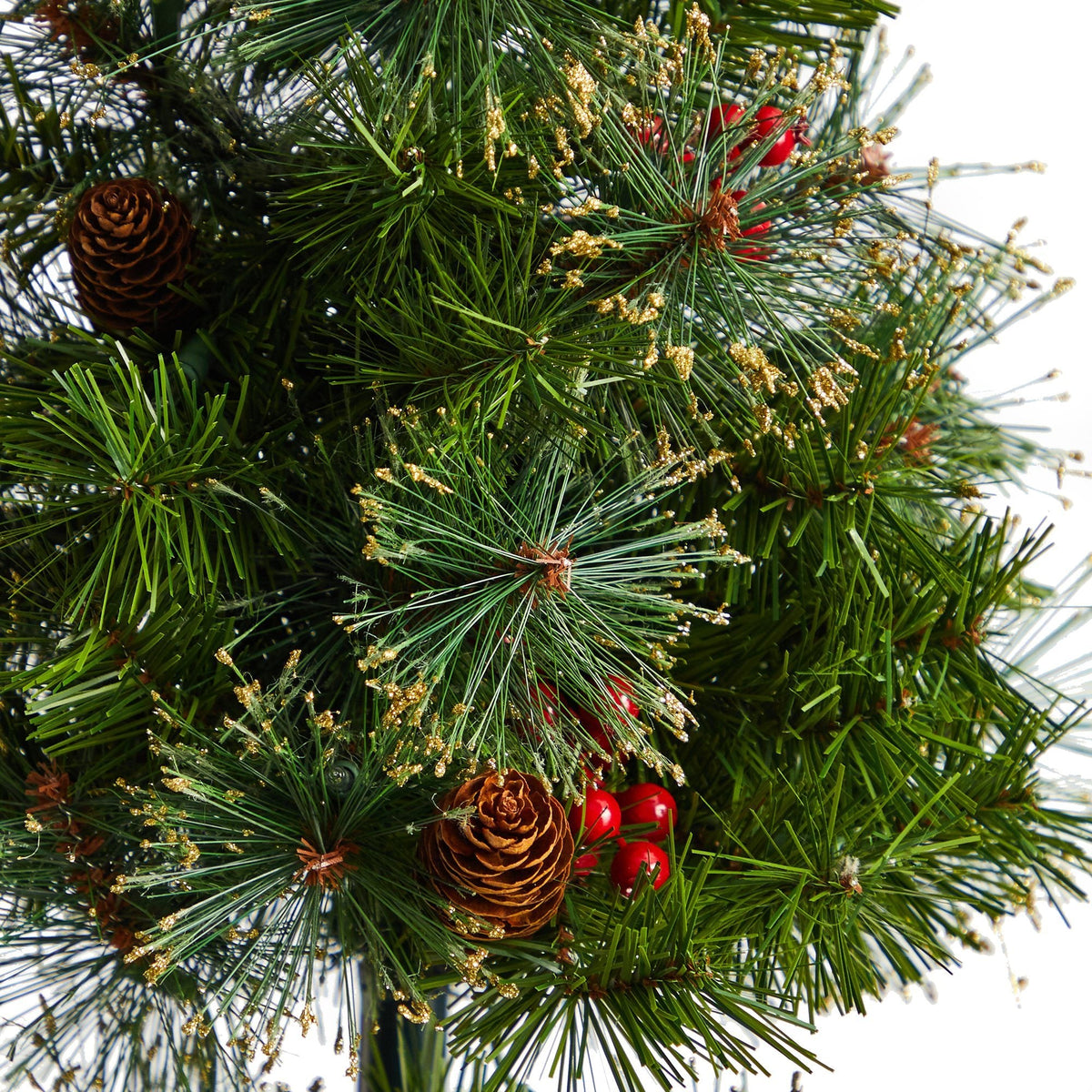 4’ Topiary Tree with Decorative Ribbon, Berries, 70 Clear LED Lights and 109 Branches in Planter