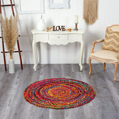 4’ x 4’ Hand Braided Boho Colorful Chindi Round Rug - Ornate Home