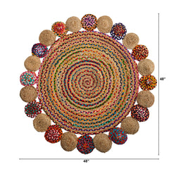 4’ x 4’ Hand Braided Colorful Chindi Jute Mandala Round Rug - Ornate Home