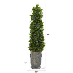 40” Sweet Bay Cone Topiary Artificial Tree  in Vintage Metal Planter - Ornate Home