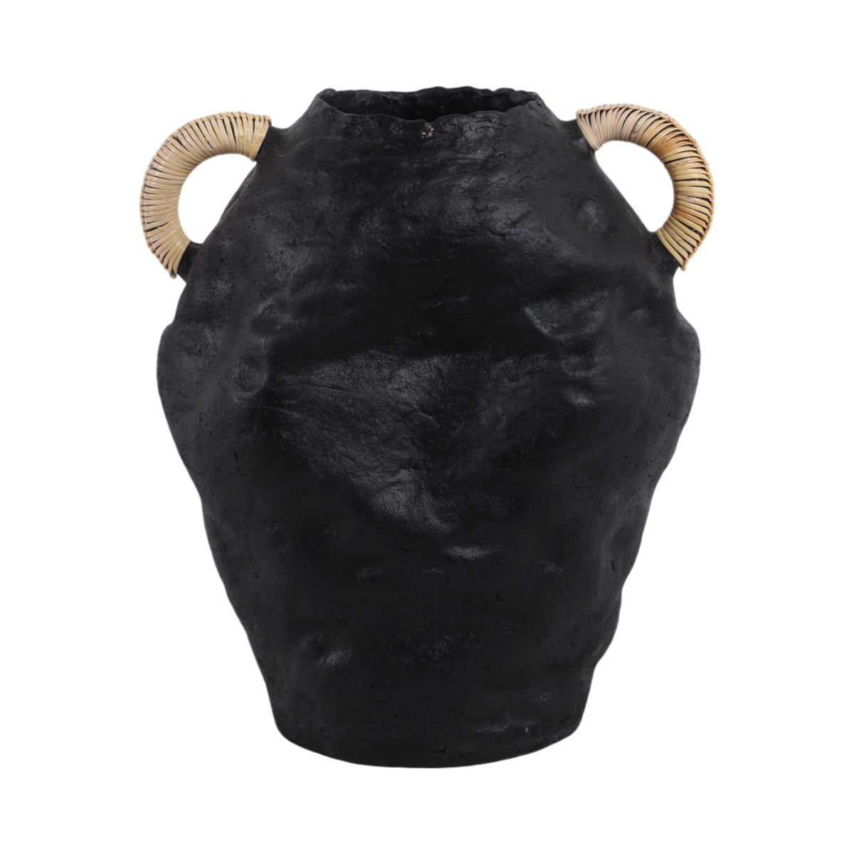 Meeks Bay Black Terracotta Jug Vase with Rattan Handles