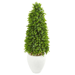 41” Eucalyptus Cone Topiary Artificial Tree in White Planter (Indoor/Outdoor) - Ornate Home