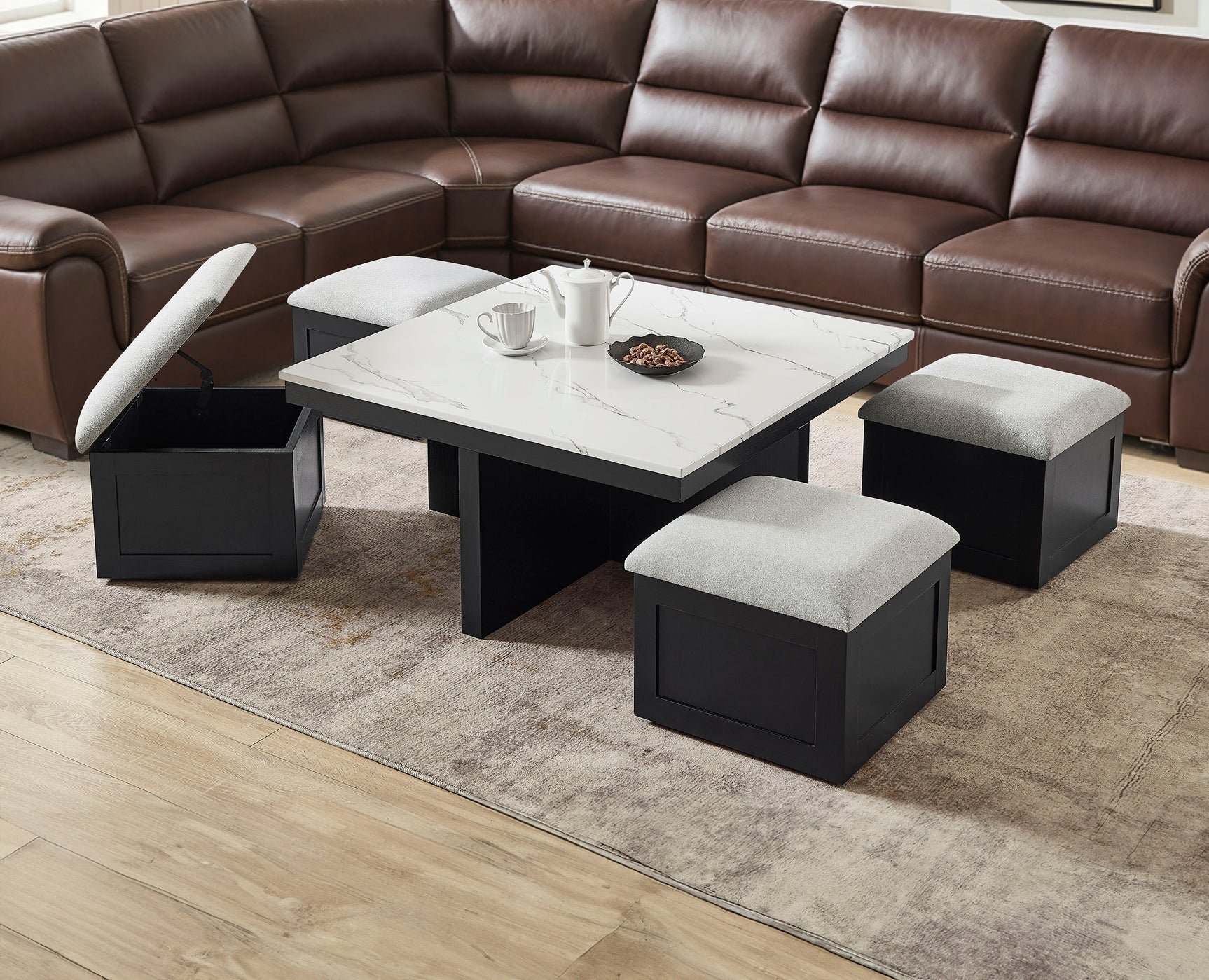 Marta Black/White/Gray Coffee Table with 4 Storage Ottomans