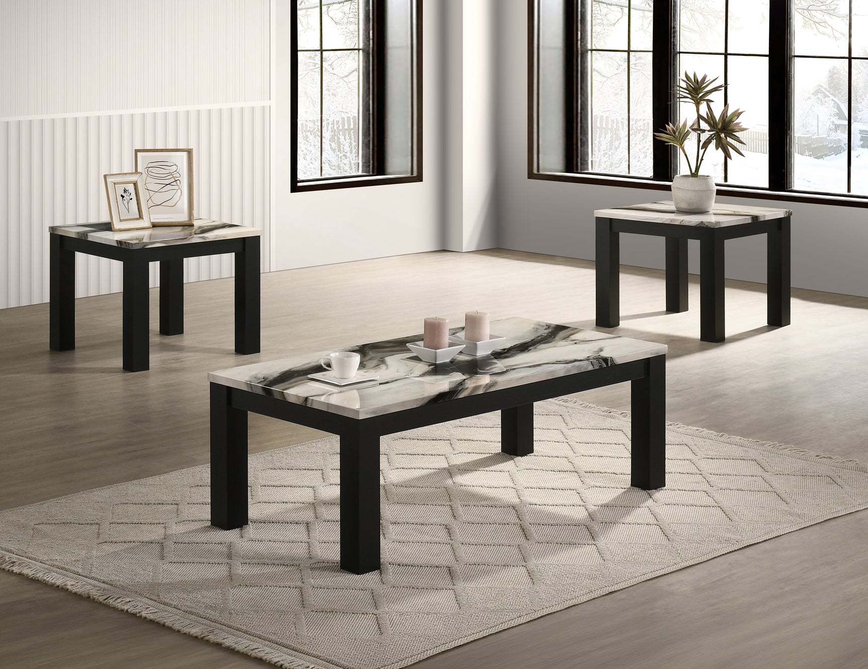 Ivy Black/Brown/White Faux Marble Top 3-Piece Cocktail Table Set