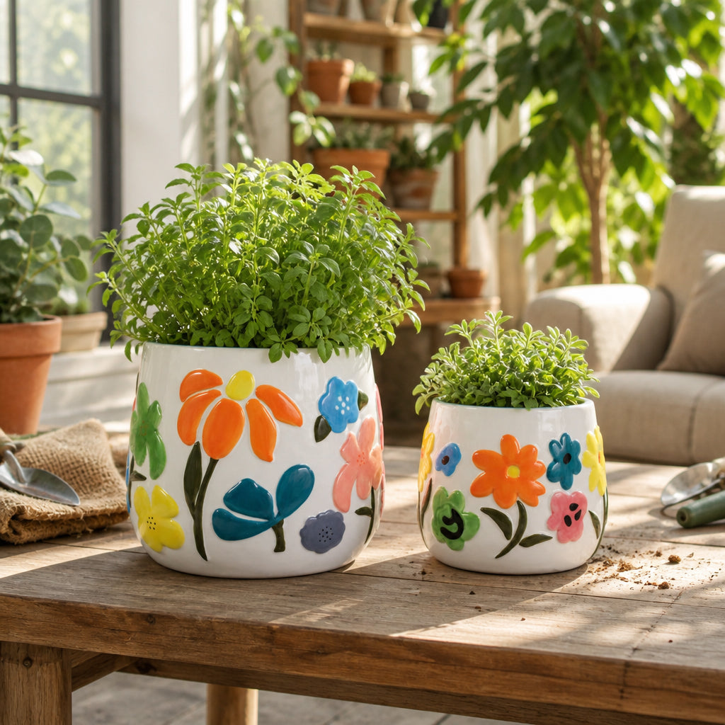 Miranda Multicolor Floral Embossed Planters (Set of 2)