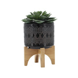 Electra Black Ceramic Aztec Planter on Wooden Stand