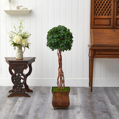 45” English Ivy Topiary Single Ball Artificial Tree in Metal Planter(Indoor/Outdoor) - Ornate Home