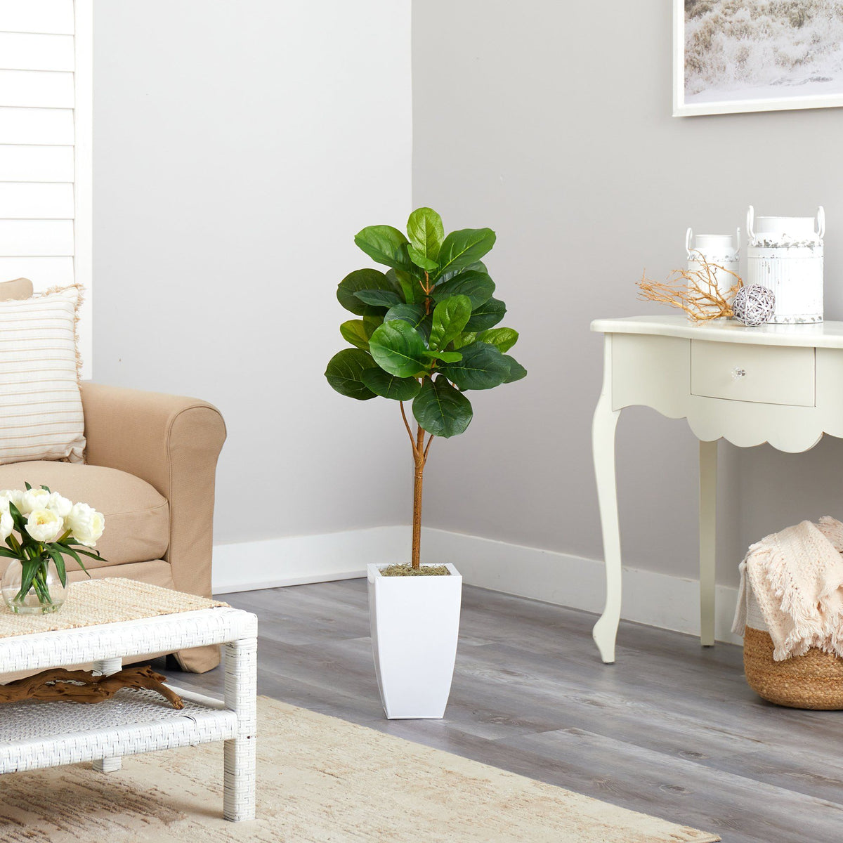 45” Fiddle Leaf Artificial Tree in White Metal Planter