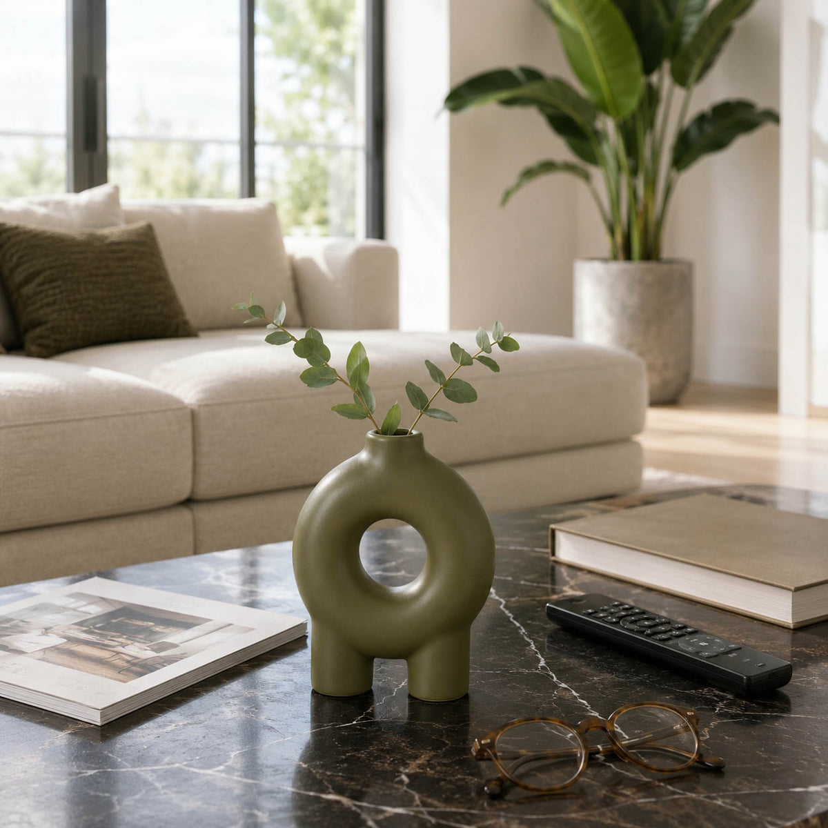 The Oaks Olive Ceramic Donut Footed Vase