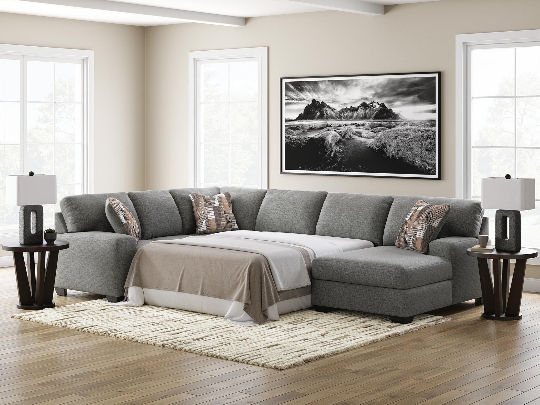 Newellen Greystone 3-Piece Sleeper Sectional with Right-Arm Facing Chaise