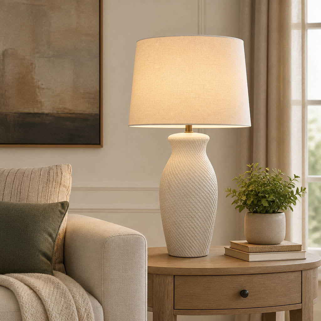 Belvedere Gray Ceramic Table Lamp with Tapered Drum Linen Lampshade