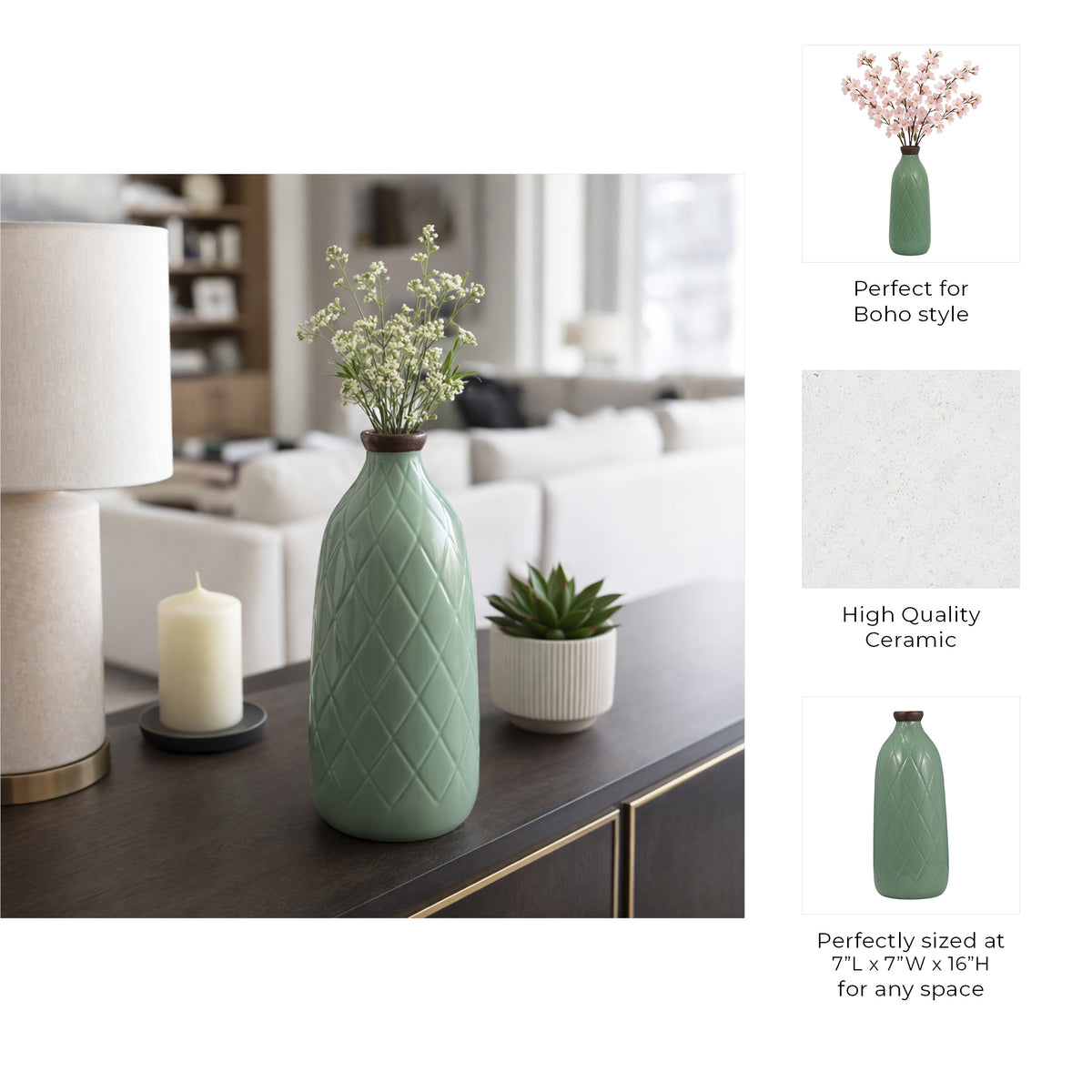 Wellsona Dark Sage Large Ceramic Plaid Textured Vase