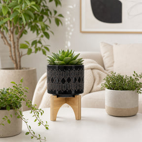 Electra Black Ceramic Aztec Planter on Wooden Stand