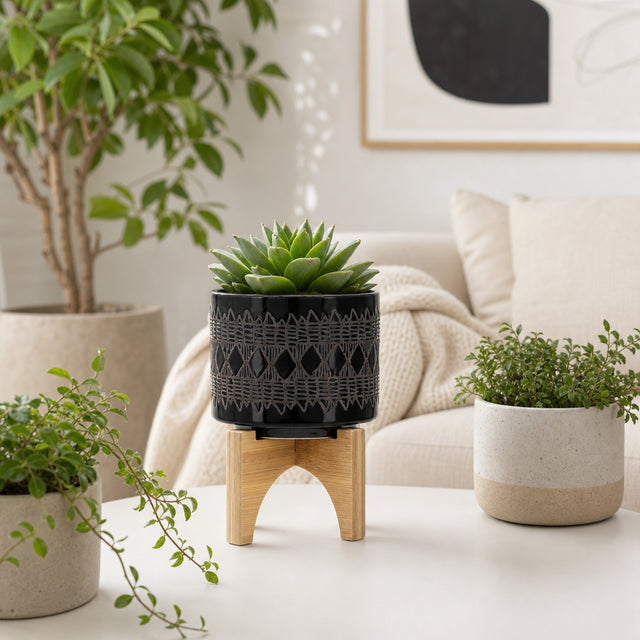 Electra Black Ceramic Aztec Planter on Wooden Stand
