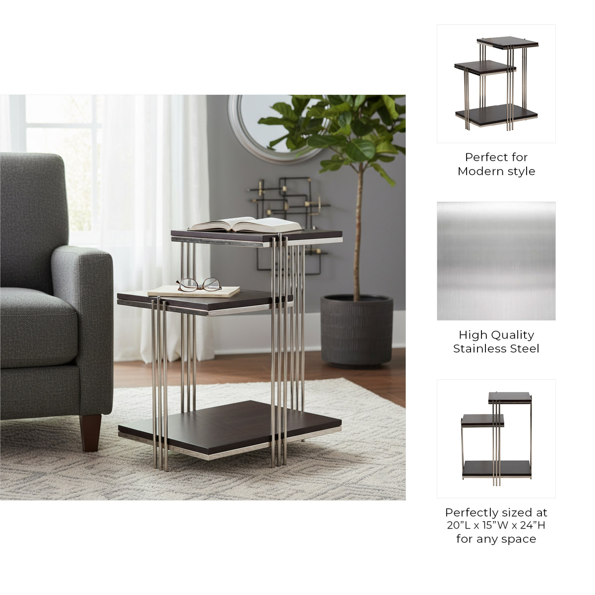 Coleman Brown Metal and Wood Three Tier Side Table