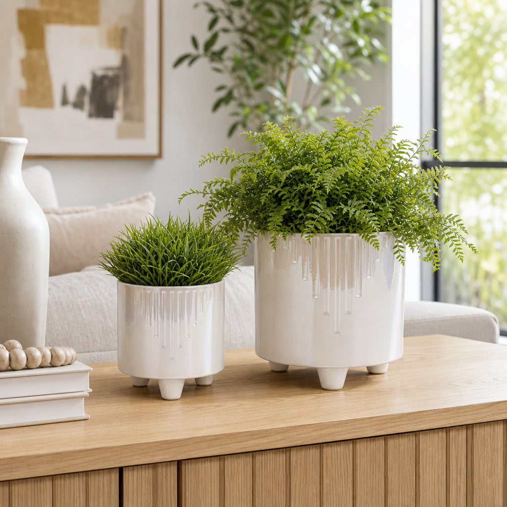 Silverado Ivory Iridescent Line Footed Planters (Set of 2)