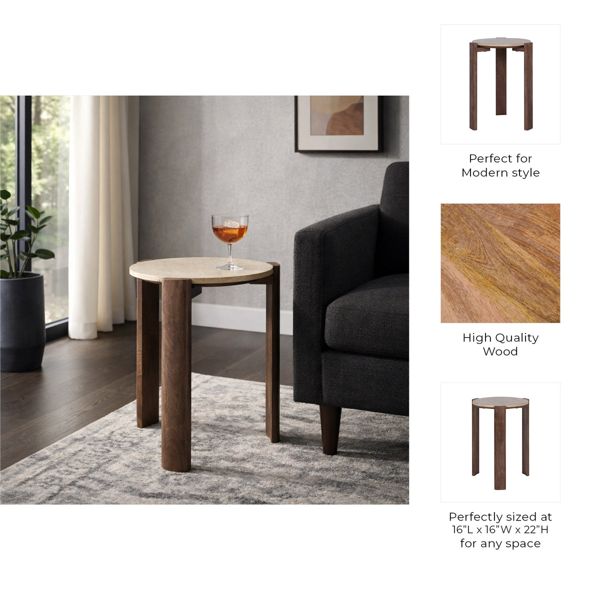 El Macero Tan/Brown Accent Table with Travertine Top