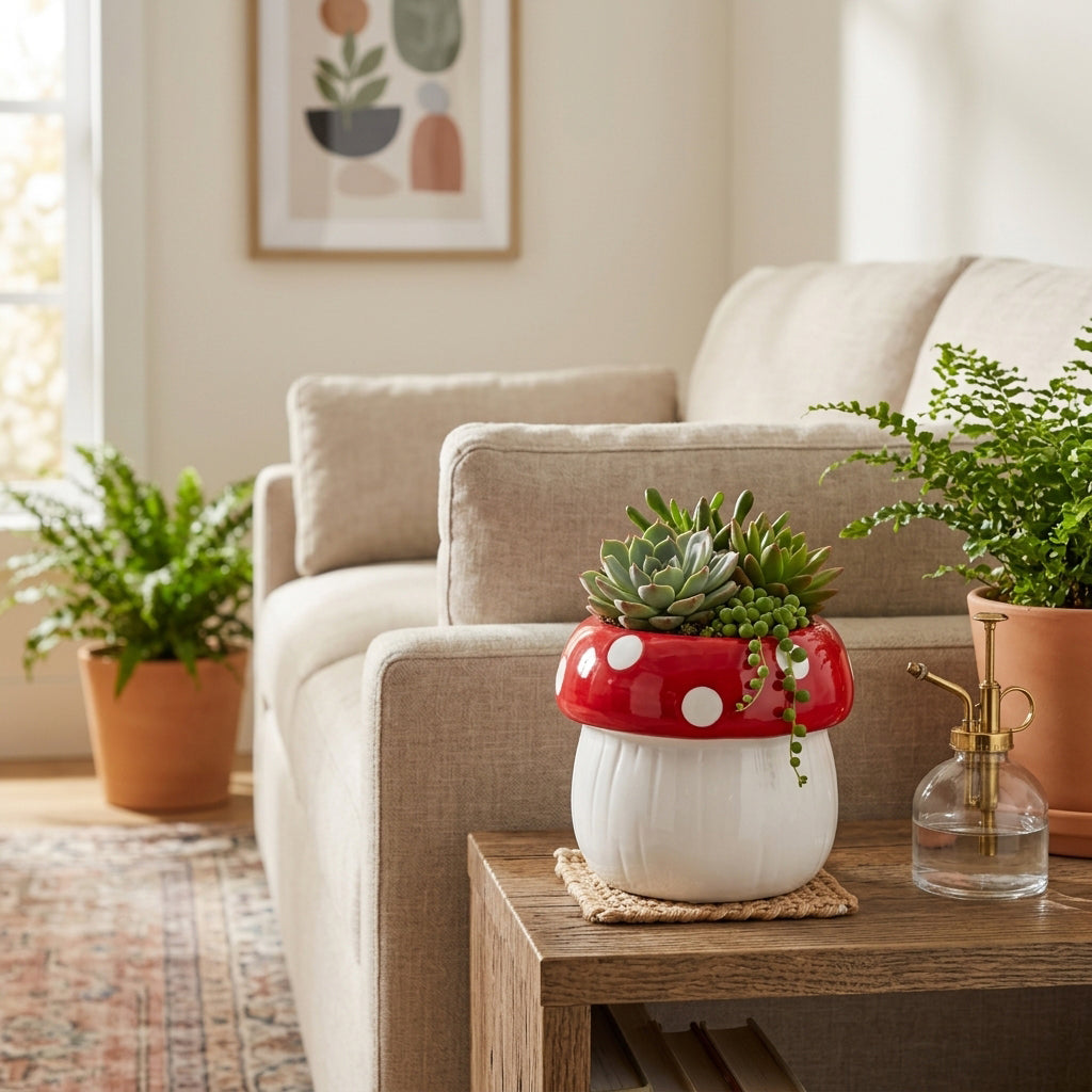 Bonnie View White/Red Mushroom Planter