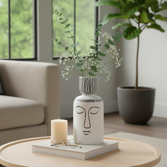 Dozier White/Black Ceramic Sleeping Man Flower Vase