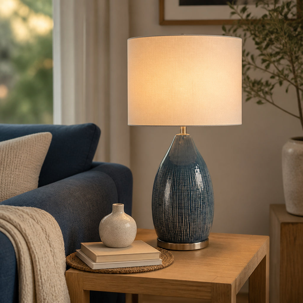 Hatch Blue/Gray Ceramic Table Lamp with Cylinder Linen Lampshade