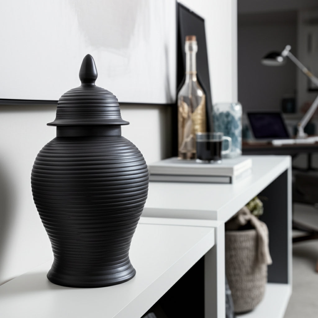 Owenshaw Black Ceramic Ribbed Temple Jar