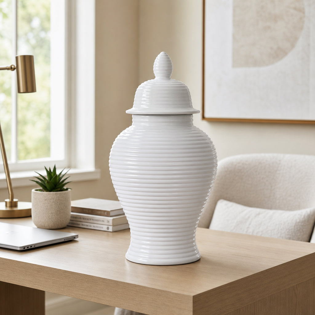 Clydecross White Ceramic Ribbed Temple Jar