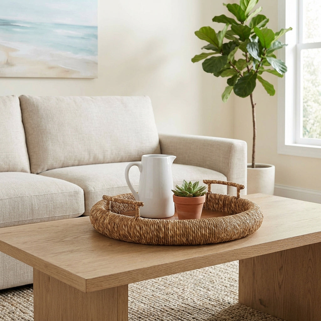 Canby Cross Brown Wood Tray with Seagrass Edge Brnz Handle