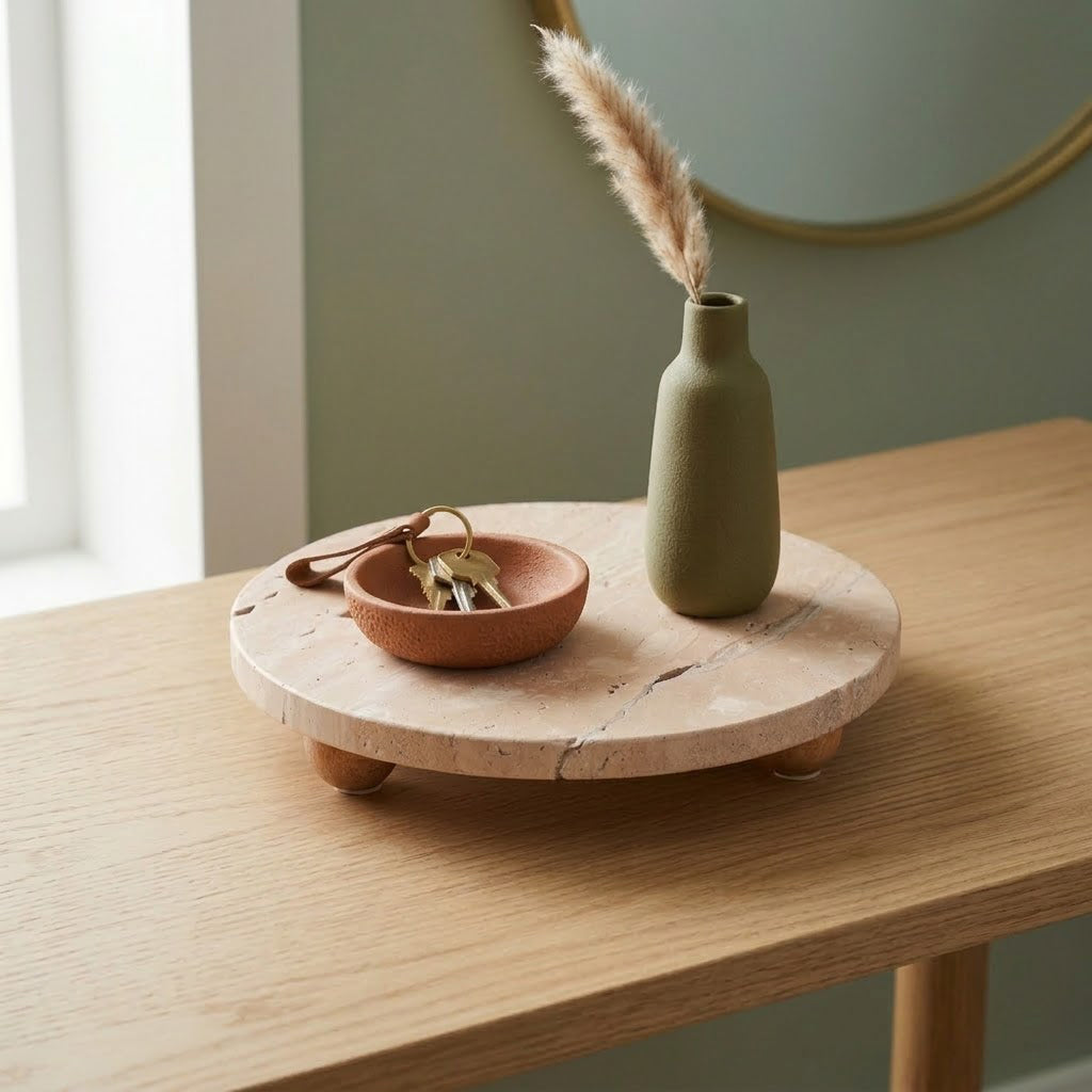 Newtown Tan Travertine Tray on Wood Ball Feet