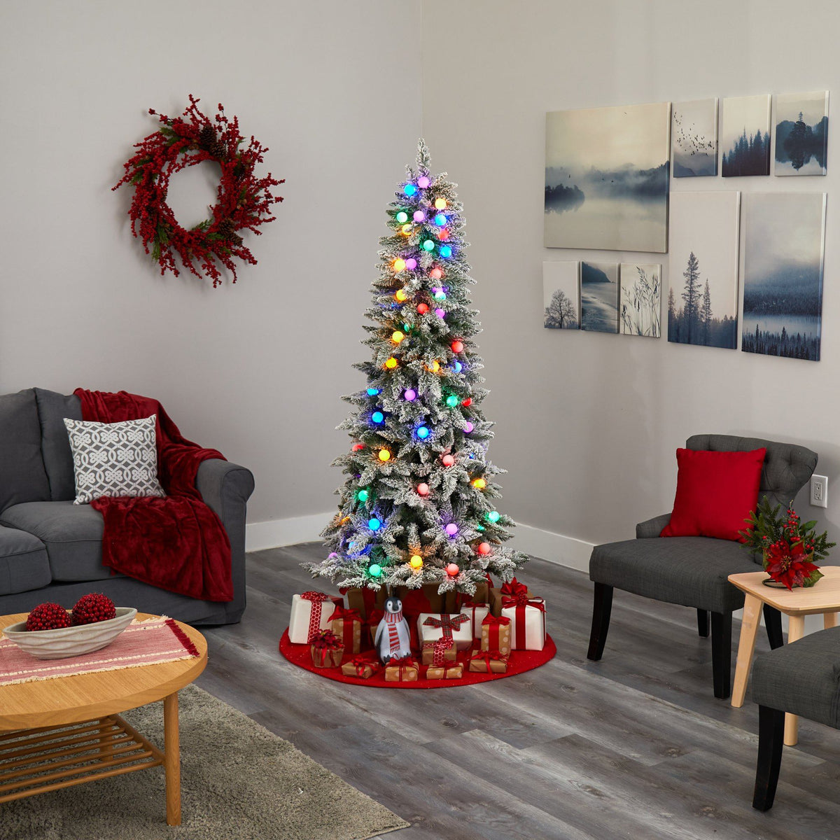 5' Flocked British Columbia Mountain Fir Artificial Christmas Tree with 50 Multi Color Globe Bulbs and 379 Bendable Branches
