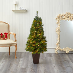 5’ Green Valley Pine Artificial Christmas Tree with 100 Warm White LED Lights and 201 Bendable Branches in Bronze Metal Planter - Ornate Home