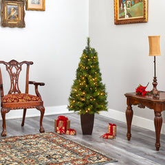 5’ Green Valley Pine Artificial Christmas Tree with 100 Warm White LED Lights and 201 Bendable Branches in Bronze Metal Planter - Ornate Home